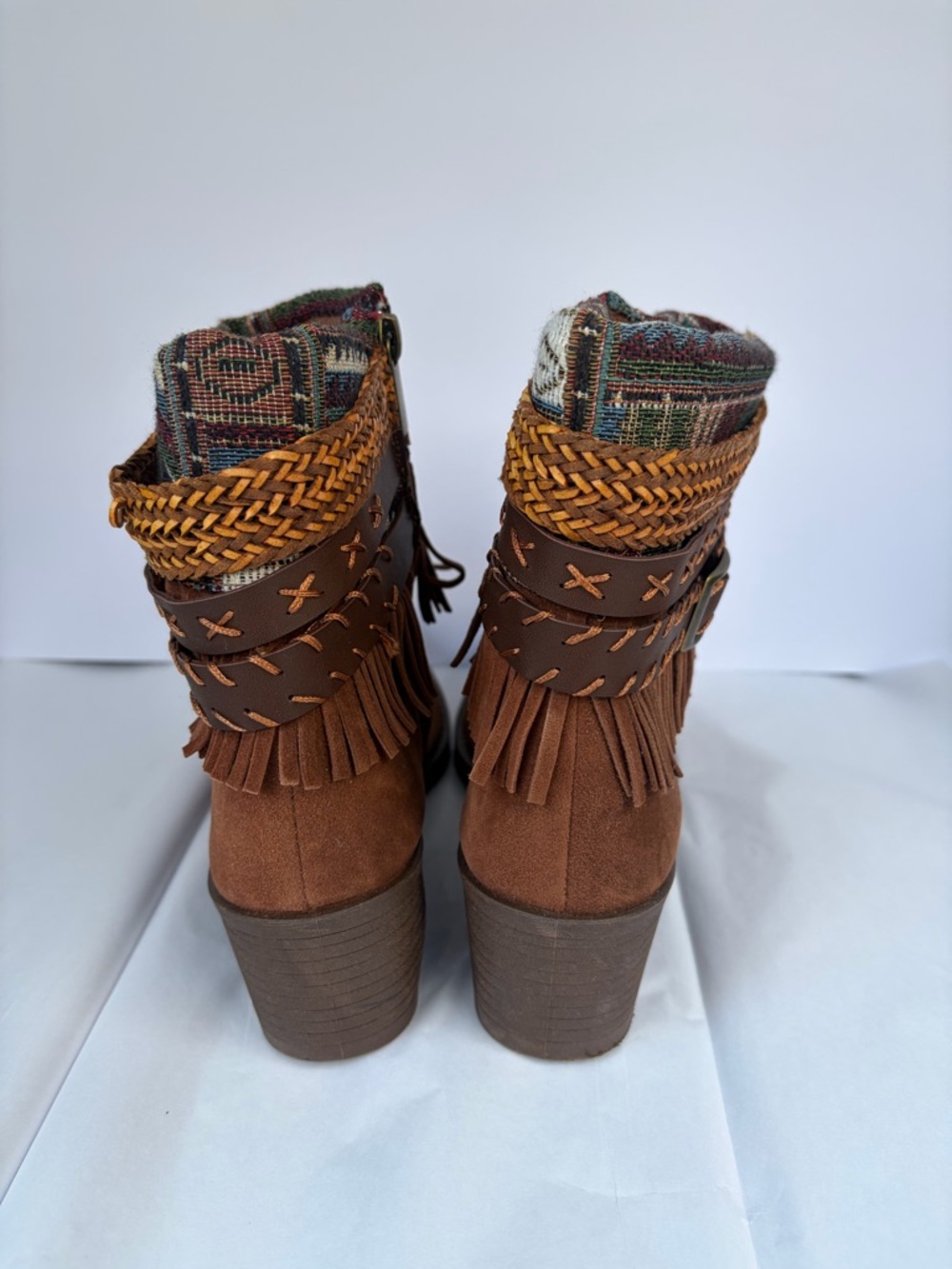 Brown Suede Fringe Ankle Boots with Patterned Cuff - Picture 4 of 7